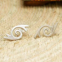 Sterling silver button earrings, 'Intertwined Shells' - Sterling Silver Button Earrings with Double Snail Design