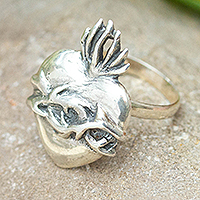 Sterling silver adjustable cocktail ring, 'Blessed Heart' - Heart of Jesus Sterling Silver Cocktail Ring from Mexico