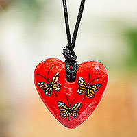 Papier mache pendant necklace, 'Monarchs on Red' - Hand Painted Heart Shaped Monarch Pendant Necklace