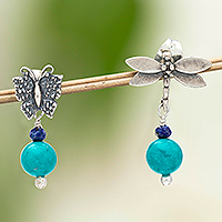 Lapis lazuli dangle earrings, 'Garden Companions' - Sterling Butterfly and Dragonfly Earrings