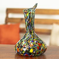 Handblown glass decanter, 'Jubilant Color' - Artisan Crafted Recycled Glass Decanter