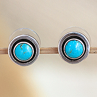 Turquoise button earrings, 'Goddess Glow' - Button Earrings with Natural Turquoise