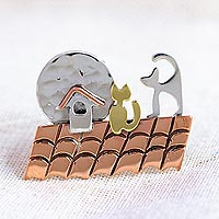 Mixed metal brooch pin, 'Cats on a Roof' - Handmade Cat Motif Brooch Pin