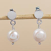 Cultured pearl dangle earrings, 'Lustre' - Artisan Crafted Cultured Pearl Earrings