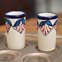 Ceramic tequila cups, 'Hidalgo Flourish' (Pair) - Handcrafted Talavera-Style Tequila Cups (Pair)