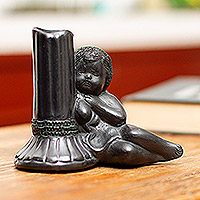 Ceramic taper candleholder, 'Sleeping Angel' - Handmade Taper Candleholder in Ceramic