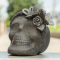 Ceramic planter, 'Black Butterfly' - Barro Negro Skull Planter