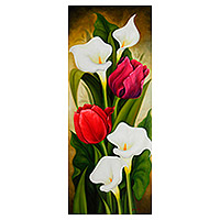 'Tulips and Lilies III' - Signed Oil Painting of Flowers