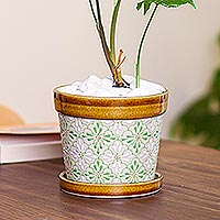Ceramic flower pot, 'Green Courtyard' (5 inch) - Artisan Crafted Ceramic Flower Pot from Mexico