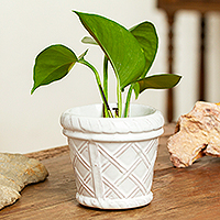 Ceramic flower pot, 'Vintage Diamonds' - Handmade Rustic Ceramic Flower Pot in White from Mexico
