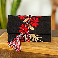 Embroidered cable organizer, 'Red Flowers' - Floral Cotton Cable Organizer