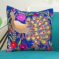 Embroidered cotton cushion cover, 'Peacock Party' - Hand-Embroidered Multicolored Cushion Cover
