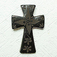 Barro negro wall cross, ‘Little Flower of Luck’ - Handcrafted Mexican Barro Negro Ceramic Wall Cross