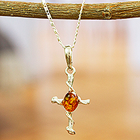 Amber pendant necklace, 'Magnificent Cross II' - Cross-themed Amber Sterling Silver Pendant Necklace