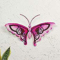 Steel wall art, 'Aztec Butterfly in Fuchsia' - Fuchsia Butterfly-themed Steel Wall Art Handmade in Mexico