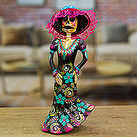 Recycled papier mache statuette, 'Traditional Catrina' - Recycled Papier Mache Handmade Mexican Catrina Statuette