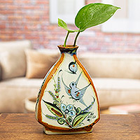 Ceramic vase, 'Delta Nature' - Hand-Painted Floral Ceramic Vase from Mexico