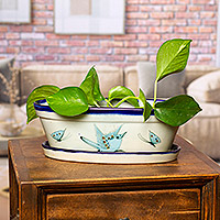 Ceramic flower pot, 'Bird Garden' - Hand-Painted Ceramic Flower Pot from Mexico