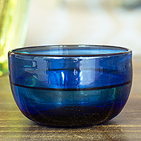 Small blown glass bowl, 'Vivacious in Blue' - Mexican Handblown Blue Bowl Made from Recycled Glass