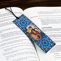 Decoupage bookmark, 'Two Cats' - Cat-themed Blue Decoupage Bookmark with Cord from Mexico