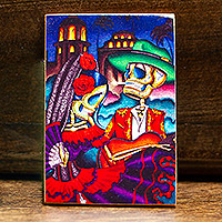 Decoupage wood magnet, 'Colorful Underworld' - Mexican Wood Magnet with Day of the Death Decoupage