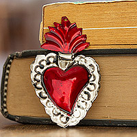 Steel ornament, 'Love of Oaxaca' - Mexican Steel Heart Ornament with Tin Plate and Red Tones