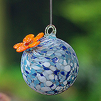 Recycled glass hummingbird feeder, 'Lapis Gratitude' - Blue Recycled Glass Hummingbird Feeder Handblown in Mexico
