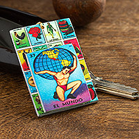 Decoupage wooden keychain, 'The Globe' - Decoupage Wooden Keychain With Mexican Loteria Motif