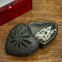 Barro negro mini jewelry box, 'Heart & Flower' - Barro Negro Black Ceramic Mini Jewelry Box Crafted in Mexico