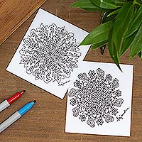 Coloring postcards, 'Loving Spirituality' (Pair) - Mandala Coloring Postcards with Heart and Leaf Motifs (Pair)