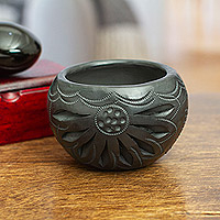 Ceramic flower pot, 'Traditional Bloom' - Handcrafted Barro Negro Flower Pot from Mexico