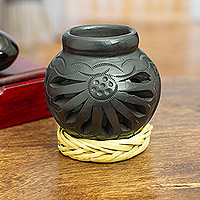 Barro negro decorative vase, 'Oaxaca Pottery Bloom' - Mexican Barro Negro Decorative Vase with Reed Base