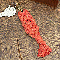 Recycled cotton keychain, 'Strawberry Structure' - Mexican Recycled Cotton Macrame Keychain in Strawberry