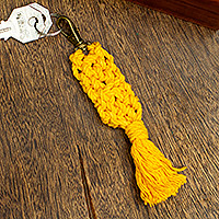 Recycled cotton keychain, 'Marigold Structure' - Mexican Recycled Cotton Macrame Keychain in Marigold