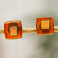 Fused glass mosaic stud earrings, 'Orange Dichroic' - Orange Fused Glass Mosaic Stud Earrings Handmade in Mexico