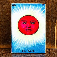 Decoupage wood magnet, 'Burning Sun' - Mexican Wood Magnet with Red Sun Decoupage
