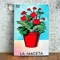 Decoupage wood magnet, 'Mexican Blooms' - Mexican Wood Magnet with Red Flower Pot Decoupage