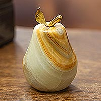 Onyx sculpture, 'Eris Pear' - Onyx and Brass Pear Sculpture from Mexico