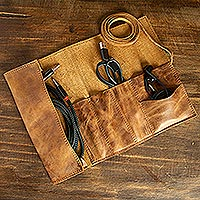 Leather travel cord organizer, 'Saddle Tech' - Hand Crafted Genuine Brown Leather Pen and Cable Organizer
