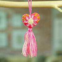 Wool felt and cotton ornament, 'Little Fuchsia Heart' - Fuchsia Wool Felt Ornament with Cotton Embroidery