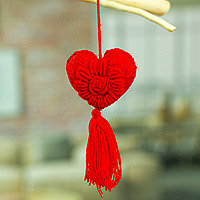 Wool felt and cotton ornament, 'Little Candy Apple Heart' - Candy Apple Wool Felt Ornament with Cotton Embroidery