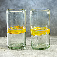 Handblown tumbler glasses, 'High Sunshine Ribbon' (pair) - Pair of Handblown Recycled Tumbler Glasses with Yellow Tones
