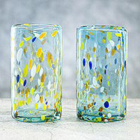 Handblown highball glasses, 'Multicolor Blue Party' (pair) - Multicolor Handblown Recycled Highball Glasses (Pair)