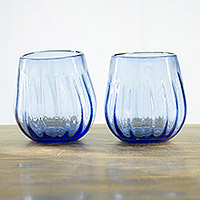 Handblown stemless wine glasses, 'Refreshing Indigo' (pair) - Eco-Friendly Handblown Stemless Wine Glasses (Pair)