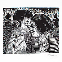 Linoleum block print, 'The Loving Ones' - World Peace Project Linoleum Block Print of Loving Couple