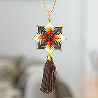 Gold-plated pendant necklace, 'Black Mandala' - Gold-Plated Mandala Pendant Necklace with Tassel from Mexico
