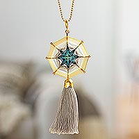 Gold-plated pendant necklace, 'Grey Mandala' - Gold-Plated Mandala Pendant Necklace with Tassel from Mexico