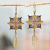 Gold-plated dangle earrings, 'Golden Mandalas' - Gold-Plated Mandala Dangle Earrings with Feather from Mexico
