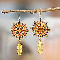 Gold-plated dangle earrings, 'Feather Mandala' - Gold-Plated Mandala Dangle Earrings with Feather from Mexico