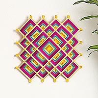 Handwoven wall art, 'Saffron Divinity' - Pine Wood Handwoven Saffron Wall Art with Geometric Motifs